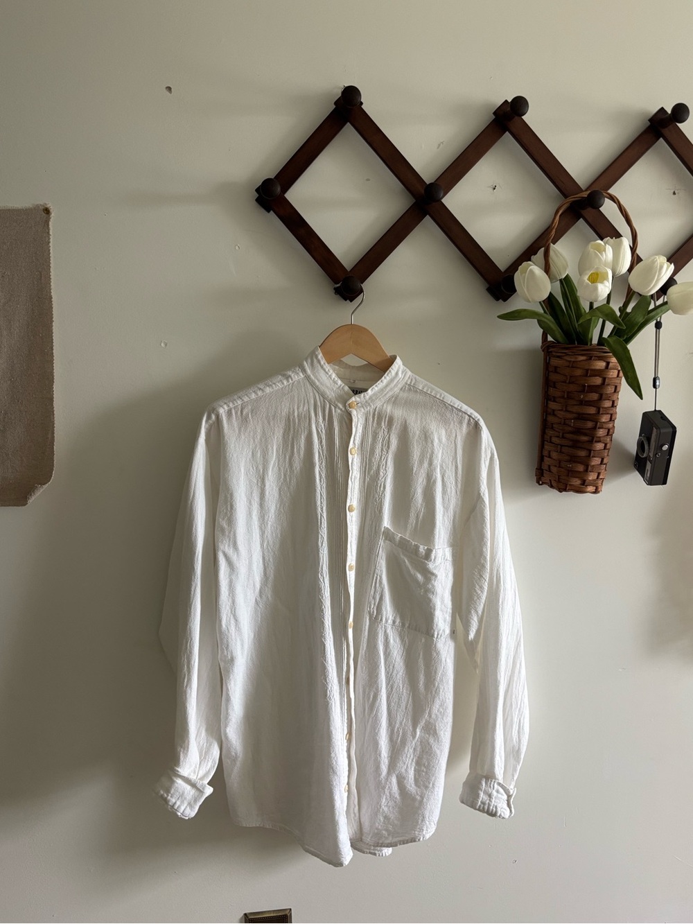 Men's White Band Collar Shirt - Casual Button-Up